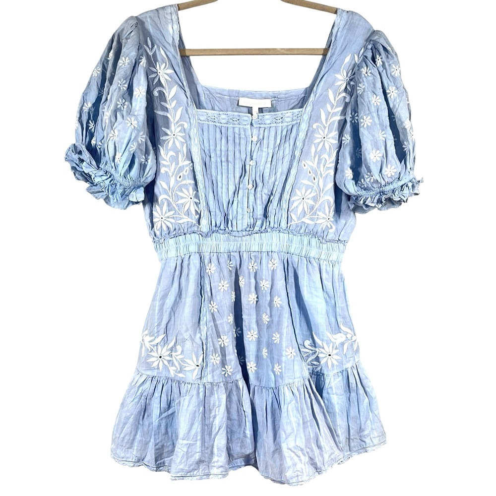 NWT LoveShackFancy Tomasina Mini Dress Size‎ L Blue Embroidered Ribbon Coquette